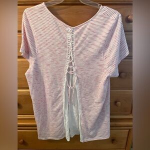 Red and White Striped Top with Back Lace-Up Detail by Lane Bryant